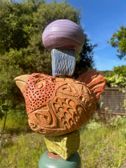 Large Birds & Chickens Totem - Ceramic Sculpture for Outdoor Garden or Indoor