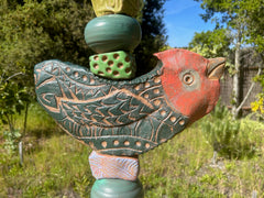 Large Birds & Chickens Totem - Ceramic Sculpture for Outdoor Garden or Indoor